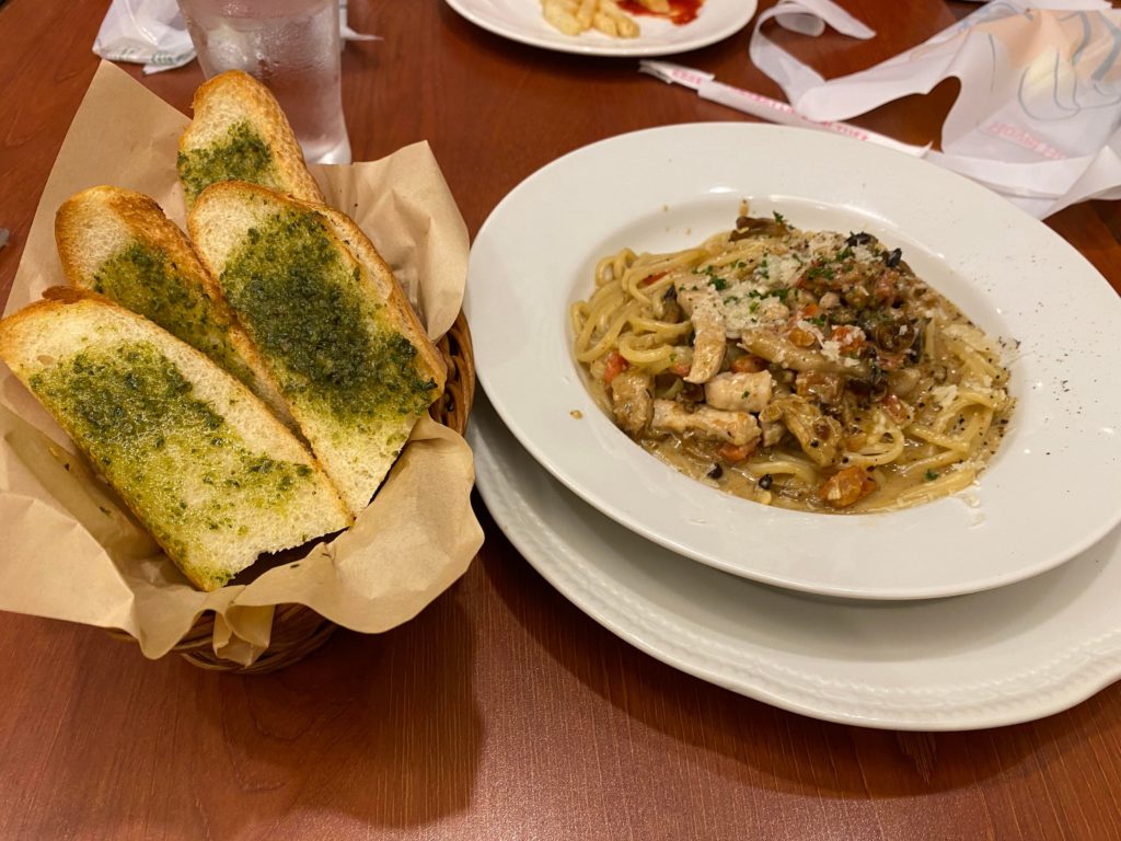 Porcini pasta with garlic bread . Here in Japan