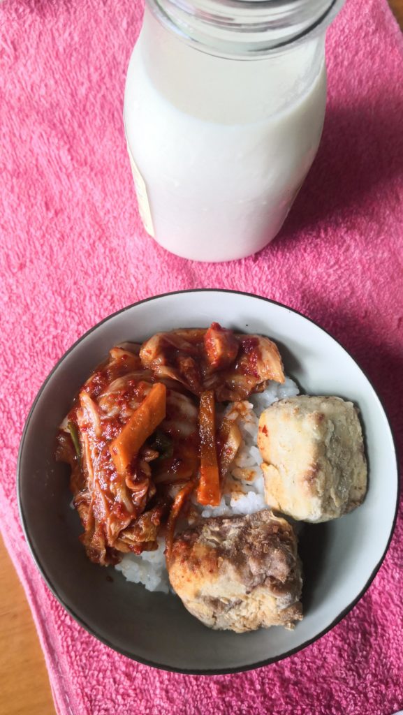 Okara nuggets and kimchi over white rice + homemade soymilk