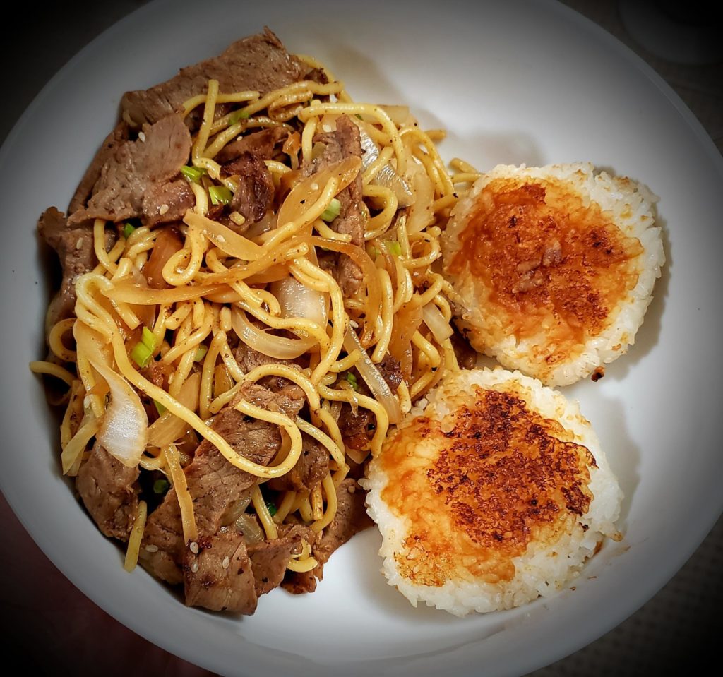 Gyuuniku yaki udon Miso yaki onigiru