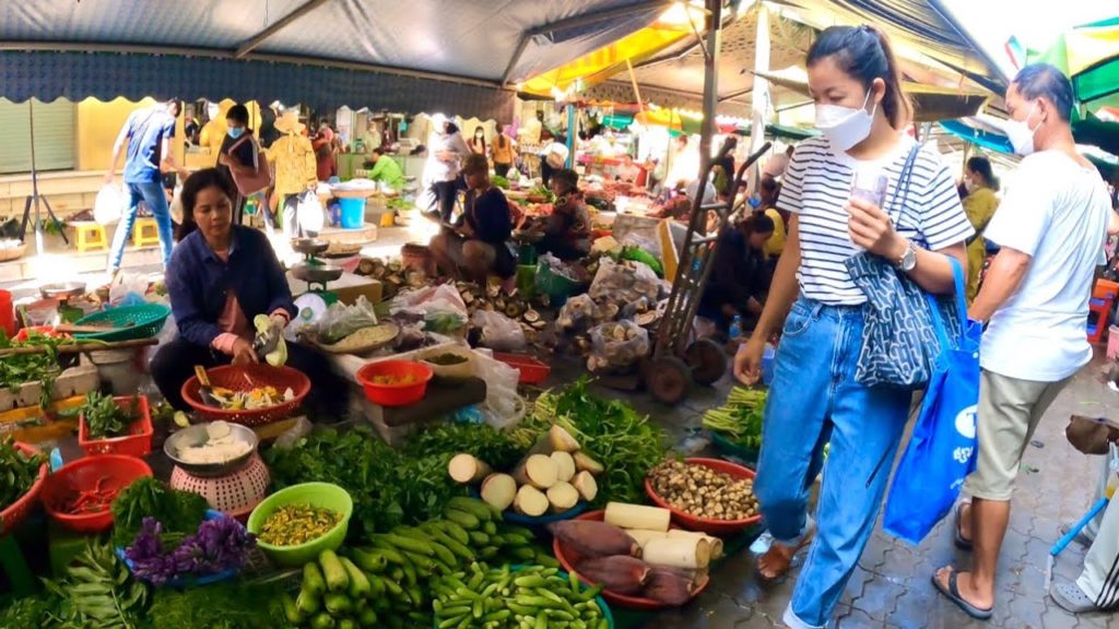 Famous Market street food, Vegetable, fruit, fish, Pork, Pickled Crab, - Cambodian street food