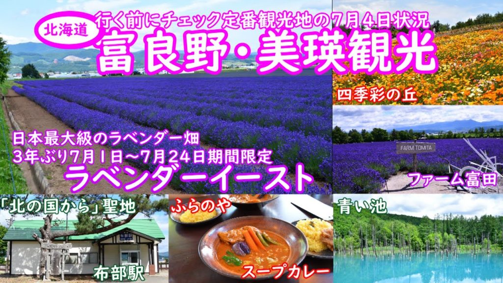 富良野・美瑛観光は北の国からの聖地布部駅と期間限定のお日本最大級のラベンダー畑等７月上旬の状況。食事は、行列必死の人気店カレーのふらのやです