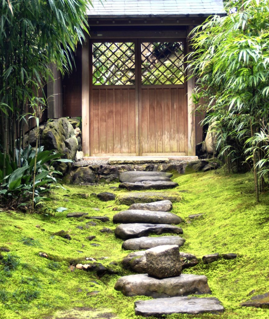 Stone path through the moss to a gate at Gio-ji Temple, Kyoto [OC]