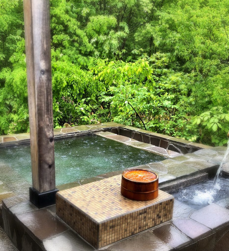 Rotenburo outdoor bath surrounded by greenery on a rainy day in Kakunodate, Akita Prefecture [OC]