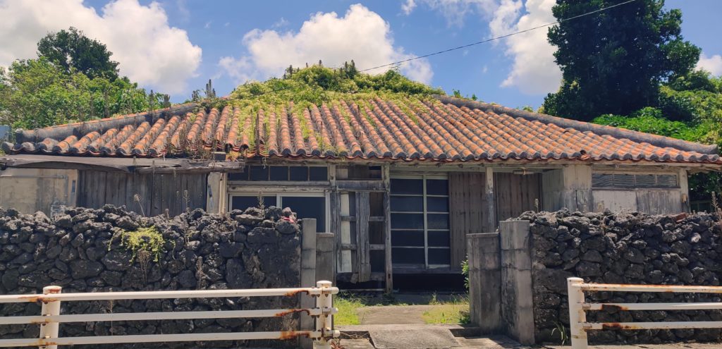 Old Okinawan house with furry roof.