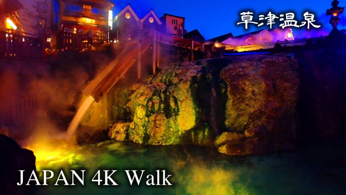 【4K】Japan Walking Tour - Kusatsu Night Walk, Beautiful Hot Spring of Light