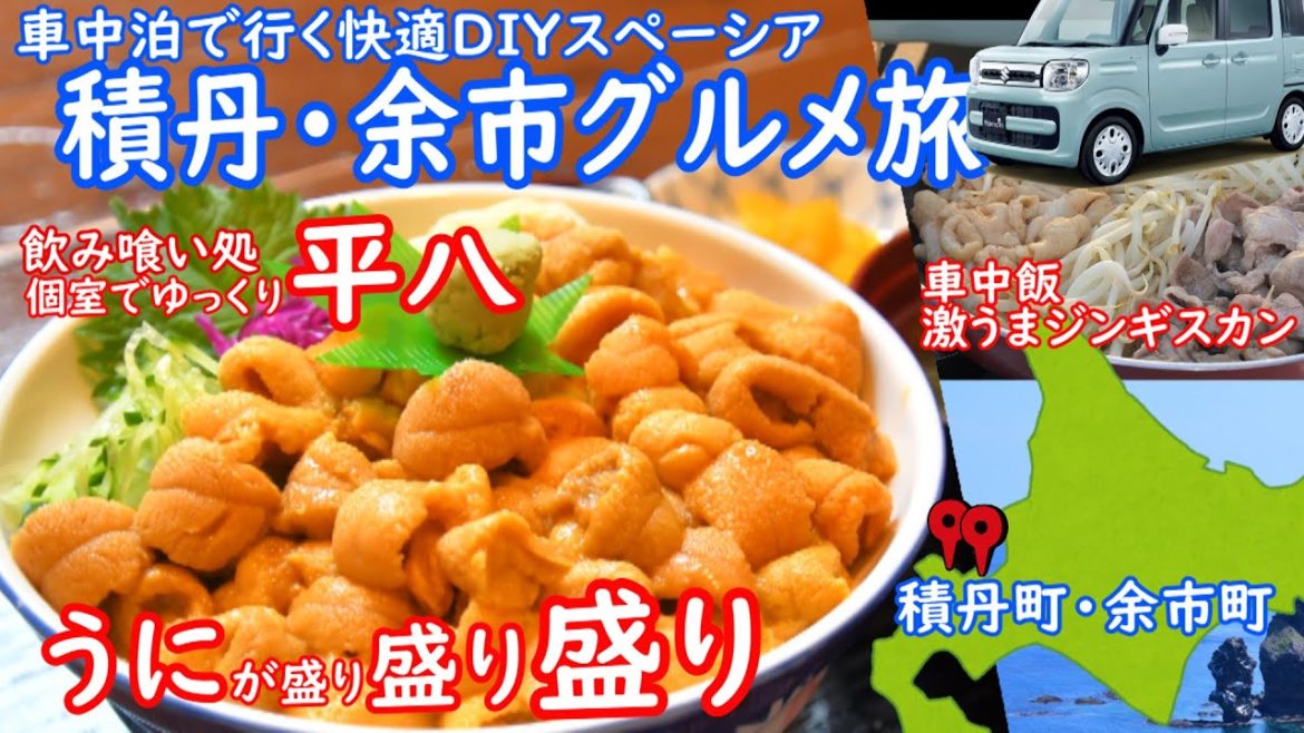 積丹うに丼と車中泊飯ジンギスカンです。余市道の駅にてニッカウイスキー工場前でのワイン・ウイスキー・ジンギスカンと旨い物を食べ翌日には、積丹でうにがモリモリのうに丼を食べます
