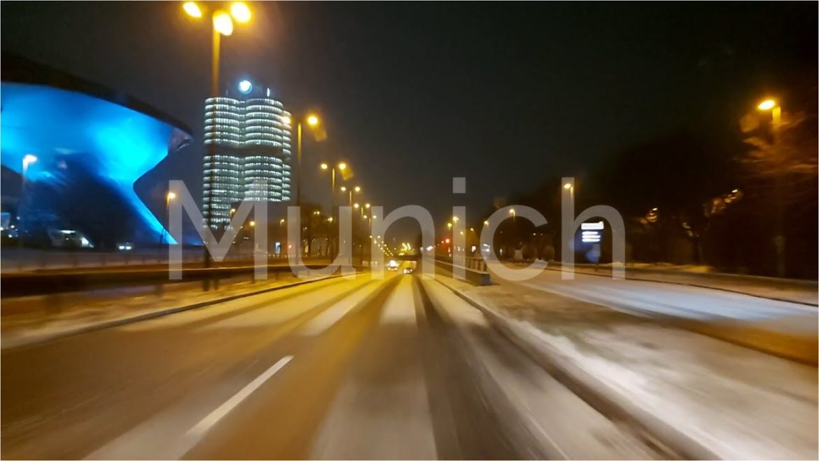 Munich at night by car. Snowy end of March. Beautiful scenery. Nice view. Relaxing music.  [4K]