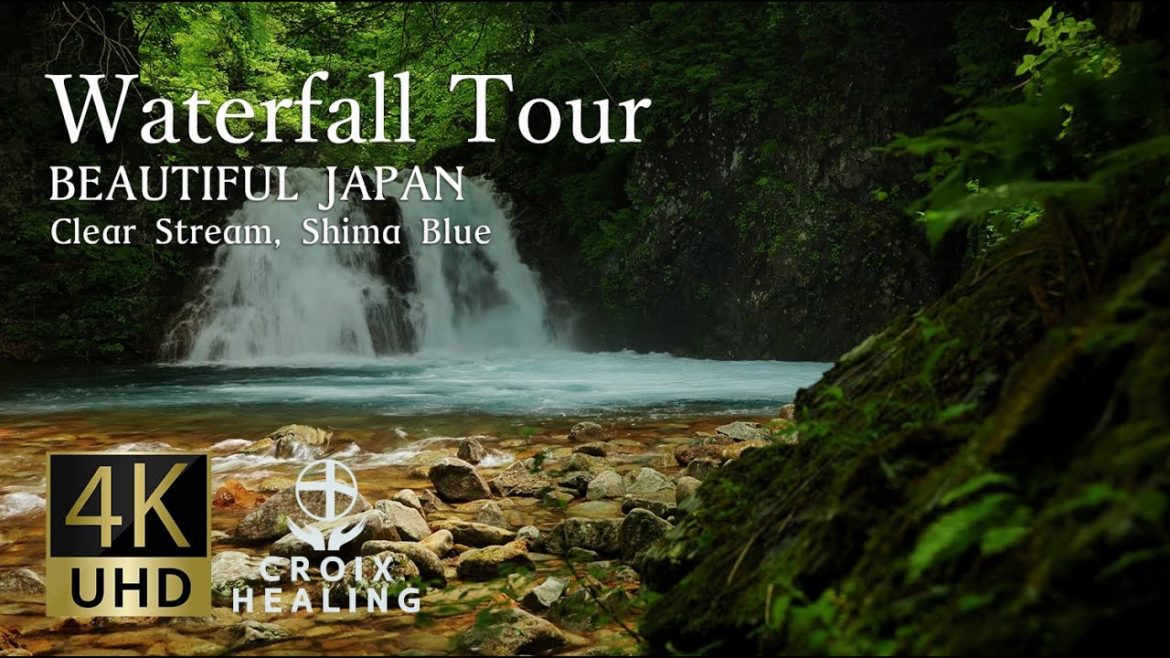【RELAX WORLD / 4K 30min. Calm Guitar Music】Beautiful Japan, Waterfall Tour, clear stream, Meditation