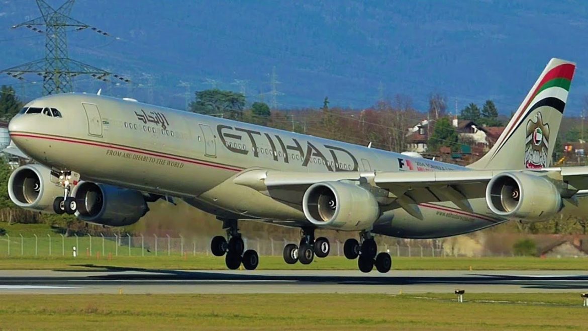 [FullHD] Etihad Airbus A340-500 landing at Geneva/GVA/LSGG