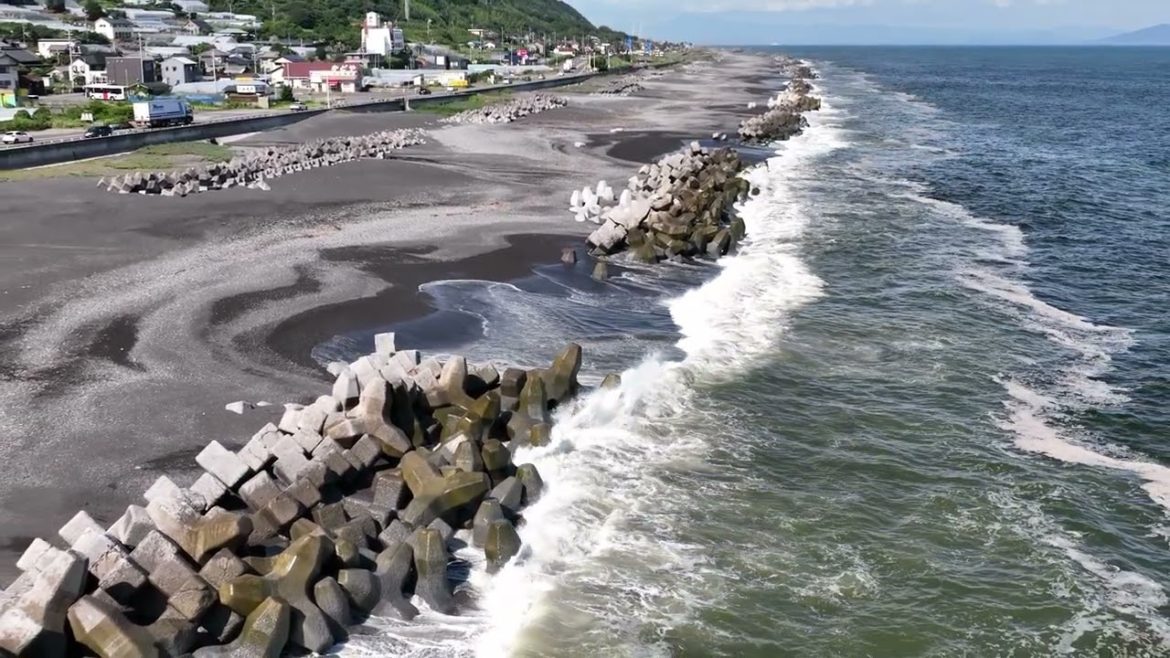 【ドローン空撮】久能海岸H/音無し/動画素材/静岡/徳川家康/駿河湾/波打ち際/スローモーション