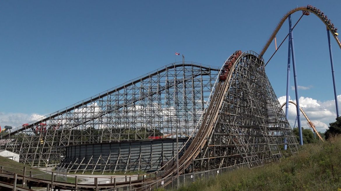 Roller Coaster Mighty Canadian Minebuster longest single-track wooden coaster in Canada at 3559 feet Roller Coaster Mighty Canadian Minebuster longest single-track wooden coaster in Canada at 3559 feet