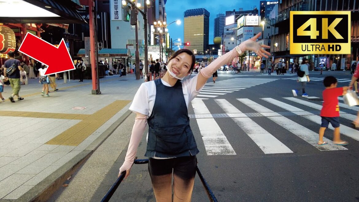 A cute Japanese girl Rie-chan guided me around Asakusa at nightfall by rickshaw😊 | Tokyo