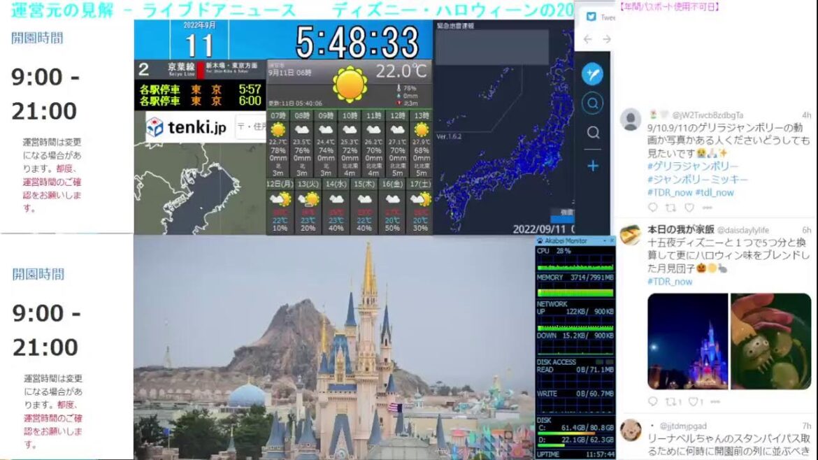 【 ディズニーライブカメラ  DisneyLiveCam 】 ディズニー・ライト・ザ・ナイト ライナイ 花火 舞浜 浦安 天気 地震 鉄道 飛行機 現地情報 ディズニーランド ディズニーシー