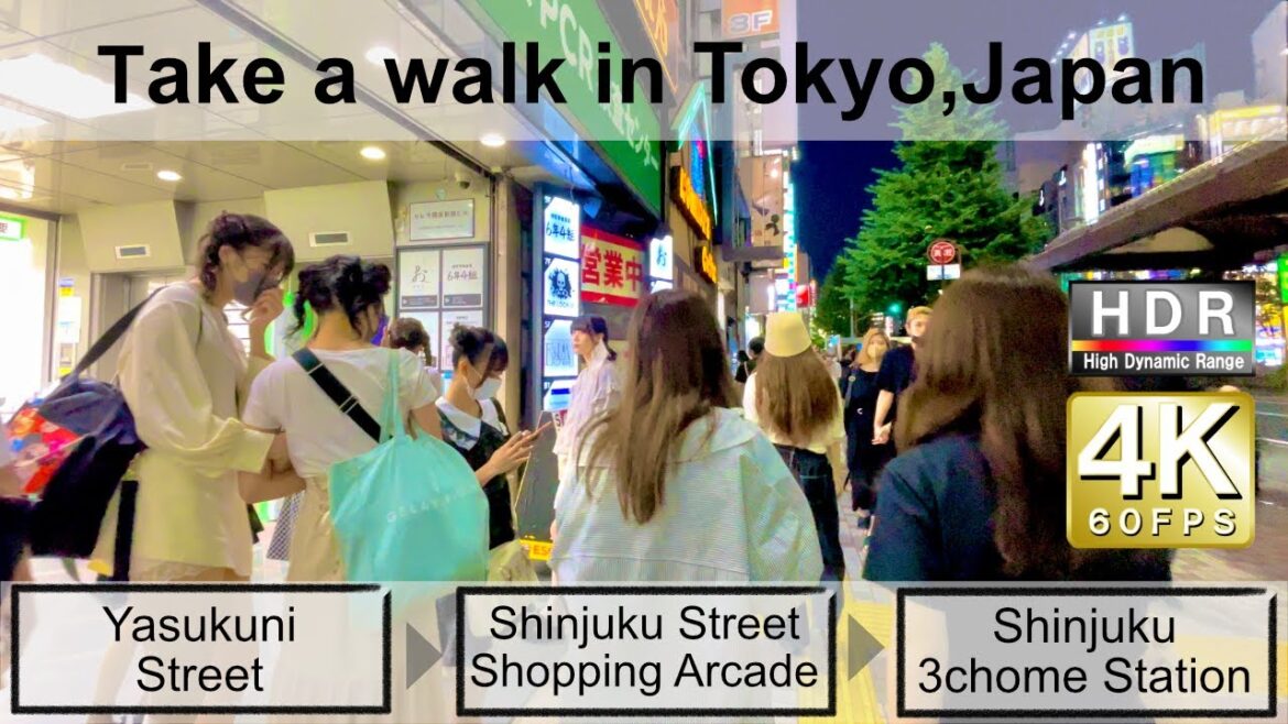4K 60fps HDR// Take a walk in Tokyo, Japan,Yasukuni Street→Shinjuku Street→Shinjuku 3chome Station