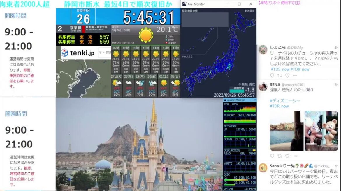 【 ディズニーライブカメラ  DisneyLiveCam 】 ディズニー・ライト・ザ・ナイト ライナイ 花火 舞浜 浦安 天気 地震 鉄道 飛行機 現地情報 ディズニーランド ディズニーシー