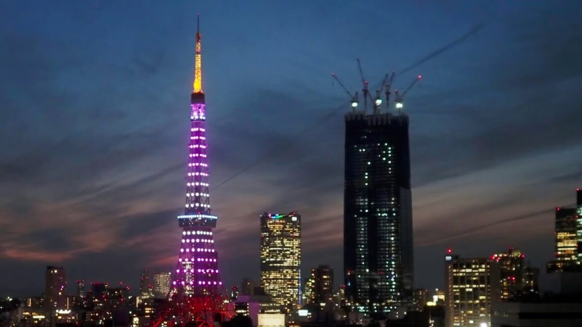 4K LIVE 「秋草色」特別ライトアップの東京タワーと虎ノ門・麻布台プロジェクト/2022.9.26-27 Tokyo Tower and Toranomon  Azabudai