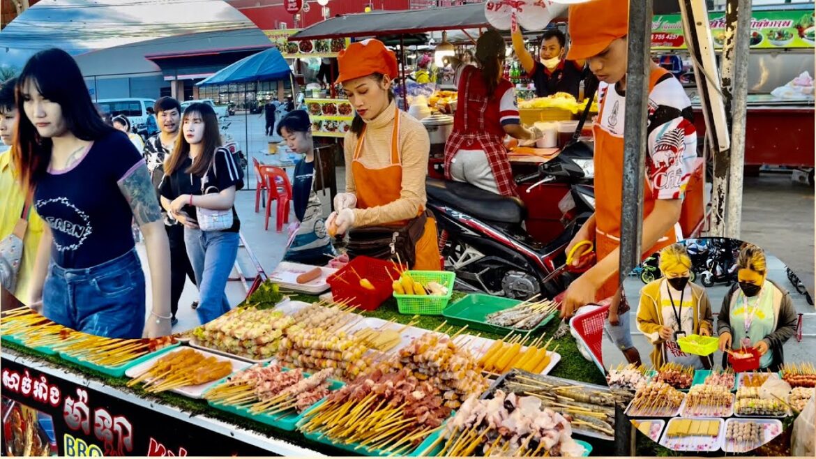 Cambodia tour street food, wings chicken,seafood,crabs,vegetable, Squid, Shrimp, more food