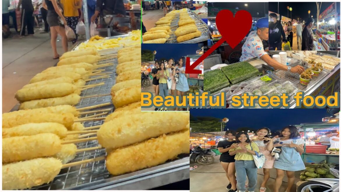 Cambodia street food at night market at poipet, beautiful lady, spicy food,cake food, Coconuts