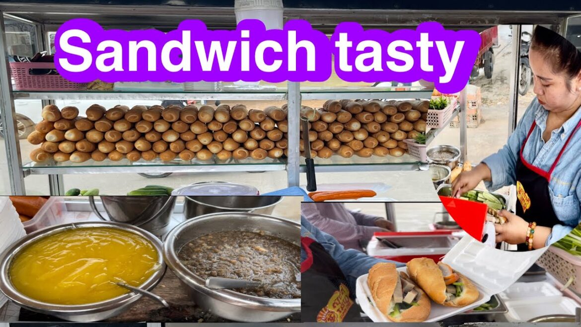 Street food,cooking, Fast Food, Cambodian Sandwich, cleaning, and fast servicing 0.25$  street food