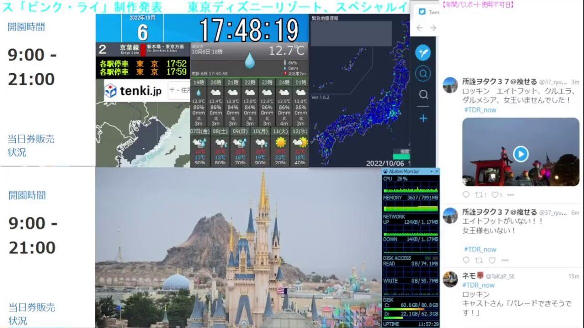 【 ディズニーライブカメラ  DisneyLiveCam 】 ディズニー・ライト・ザ・ナイト ライナイ 花火 舞浜 浦安 天気 地震 鉄道 飛行機 現地情報 ディズニーランド ディズニーシー