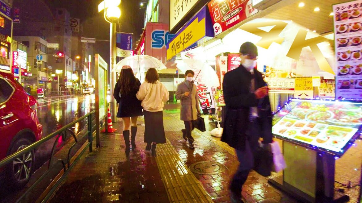[4K ASMR] Okubo Rain Night Walk in Tokyo, Japan (Nonstop 1 h 01 min) Korean food, cosmetics