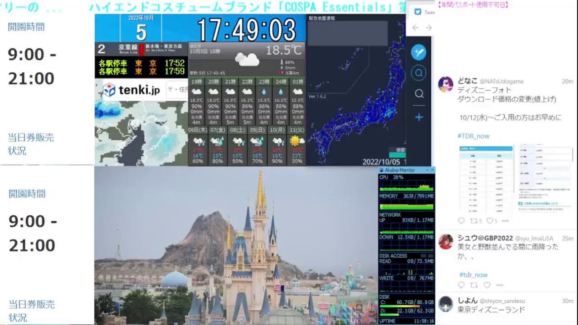 【 ディズニーライブカメラ  DisneyLiveCam 】 ディズニー・ライト・ザ・ナイト ライナイ 花火 舞浜 浦安 天気 地震 鉄道 飛行機 現地情報 ディズニーランド ディズニーシー