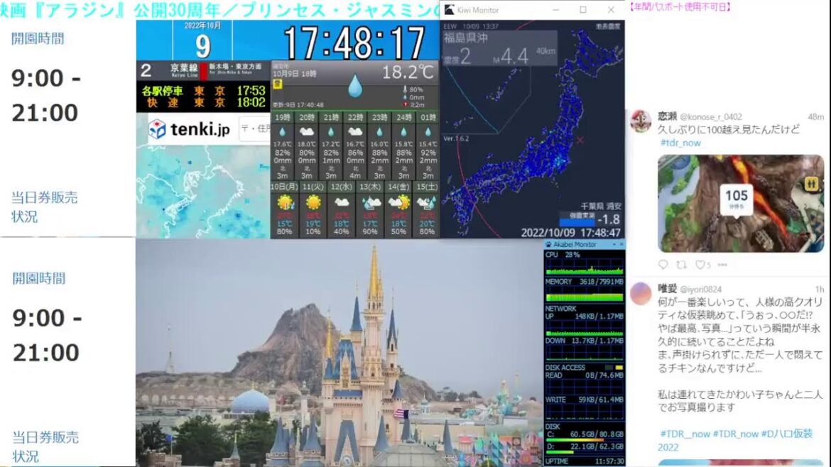 【 ディズニーライブカメラ  DisneyLiveCam 】 ディズニー・ライト・ザ・ナイト ライナイ 花火 舞浜 浦安 天気 地震 鉄道 飛行機 現地情報 ディズニーランド ディズニーシー