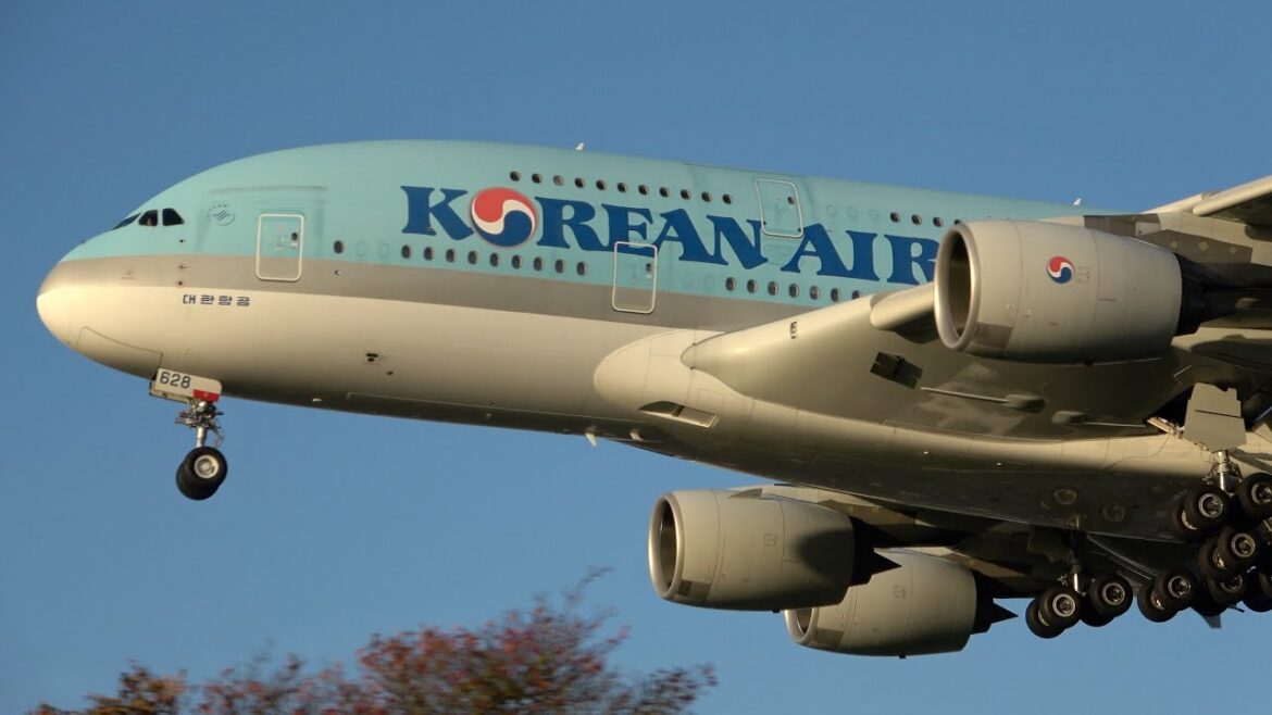 Korean Air A380 lands at Heathrow 27L.  10 Oct 2022. F1 Cargo flight - Nagoya Japan. HL7628.