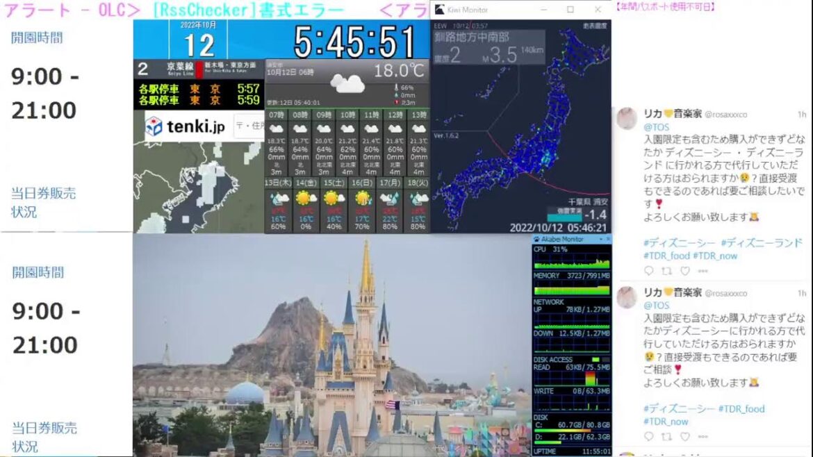 【 ディズニーライブカメラ  DisneyLiveCam 】 ディズニー・ライト・ザ・ナイト ライナイ 花火 舞浜 浦安 天気 地震 鉄道 飛行機 現地情報 ディズニーランド ディズニーシー