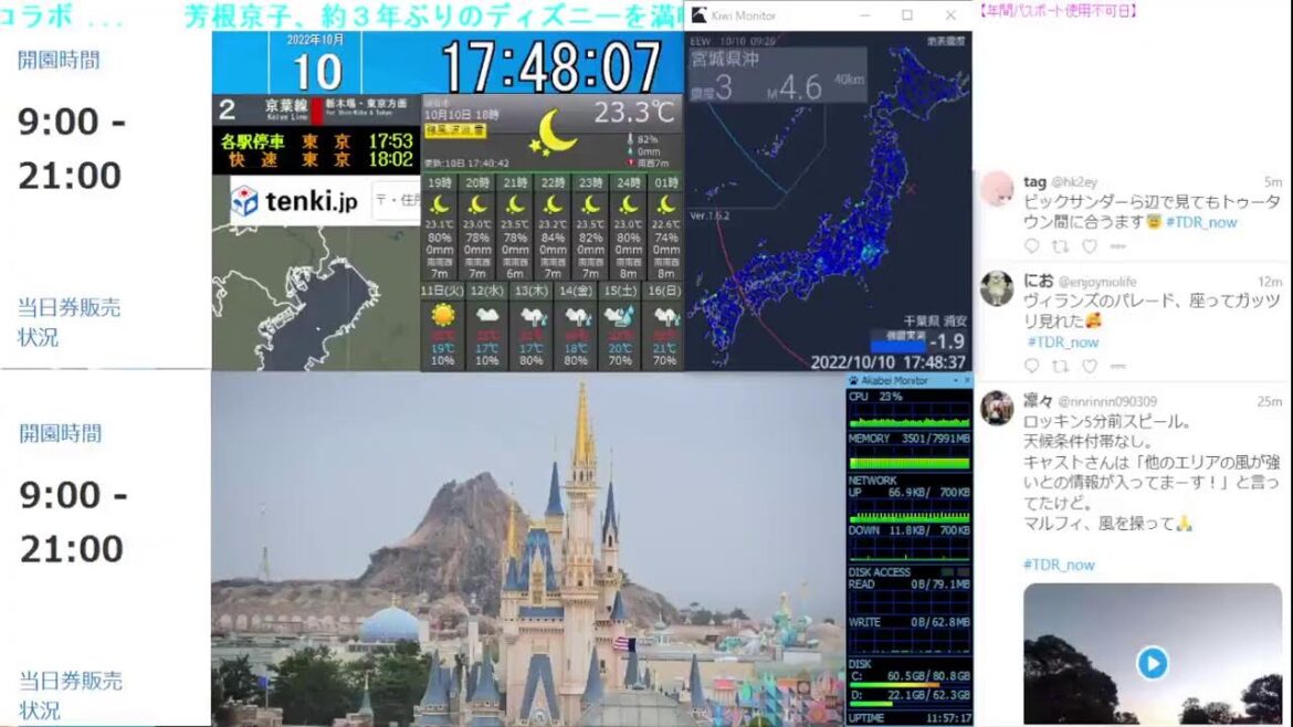 【 ディズニーライブカメラ  DisneyLiveCam 】 ディズニー・ライト・ザ・ナイト ライナイ 花火 舞浜 浦安 天気 地震 鉄道 飛行機 現地情報 ディズニーランド ディズニーシー