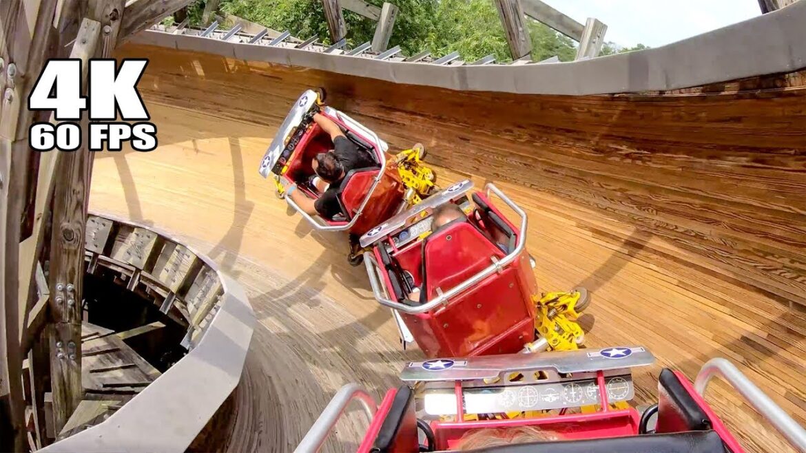 Riding Flying Turns Wooden Bobsled Roller Coaster at Knoebels! Multi Angle 4K Onride POV