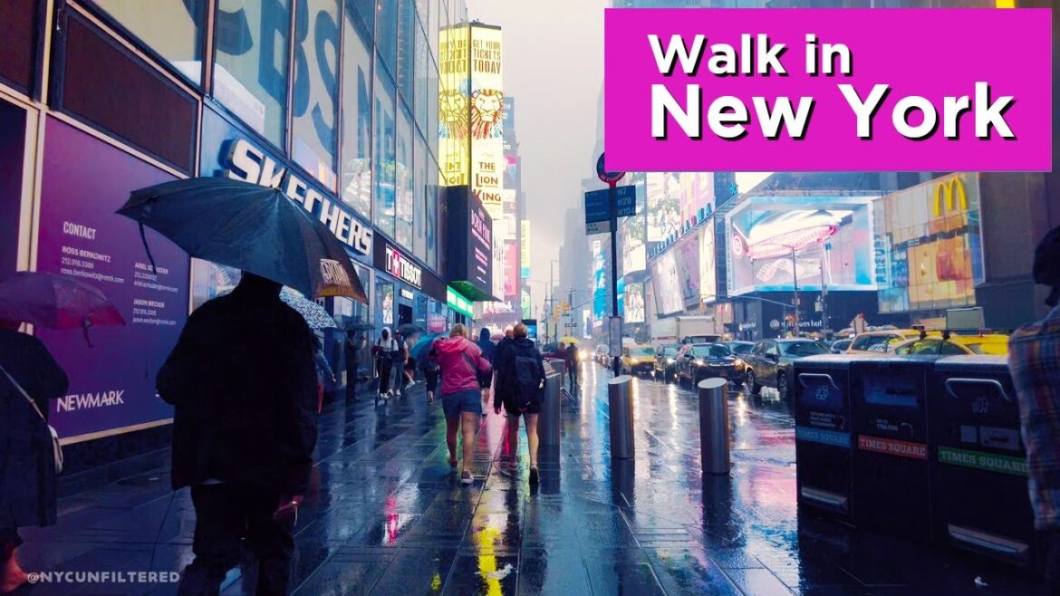 Rain Walk in New York on Broadway (walking tour 4k)