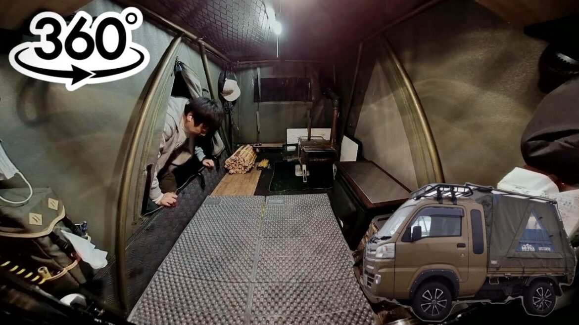 [字幕解説あり] 360°VR 薪ストーブを軽トラの荷台にセット 車中泊 冬キャンプ