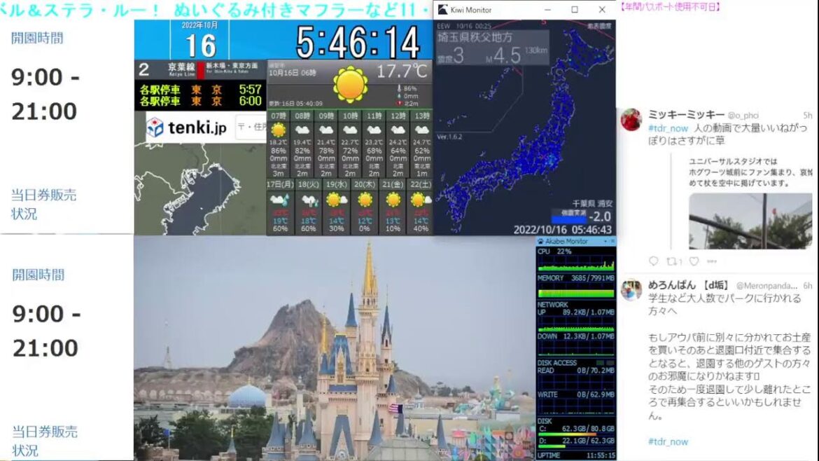 【 ディズニーライブカメラ  DisneyLiveCam 】 ディズニー・ライト・ザ・ナイト ライナイ 花火 舞浜 浦安 天気 地震 鉄道 飛行機 現地情報 ディズニーランド ディズニーシー