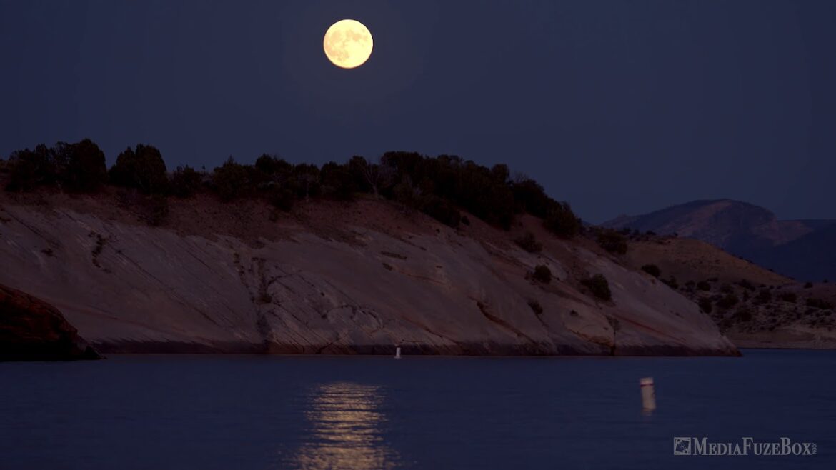Full moon reflecting in lake at dusk | Stock Video
