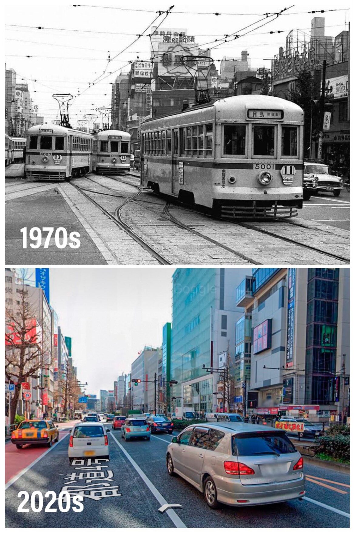 Shinjuku’s Yasukuni-dori, 50 years apart: Toei subway line now underneath, but wish they’d kept some streetcars!