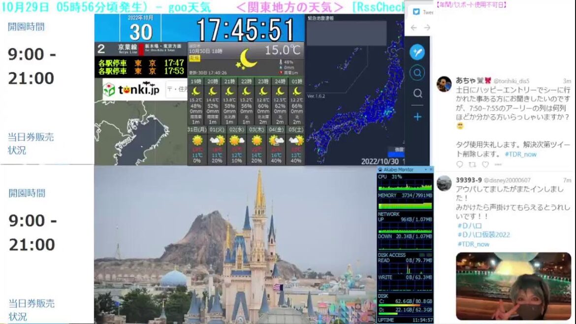 【 ディズニーライブカメラ  DisneyLiveCam 】 ディズニー・ライト・ザ・ナイト ライナイ 花火 舞浜 浦安 天気 地震 鉄道 飛行機 現地情報 ディズニーランド ディズニーシー