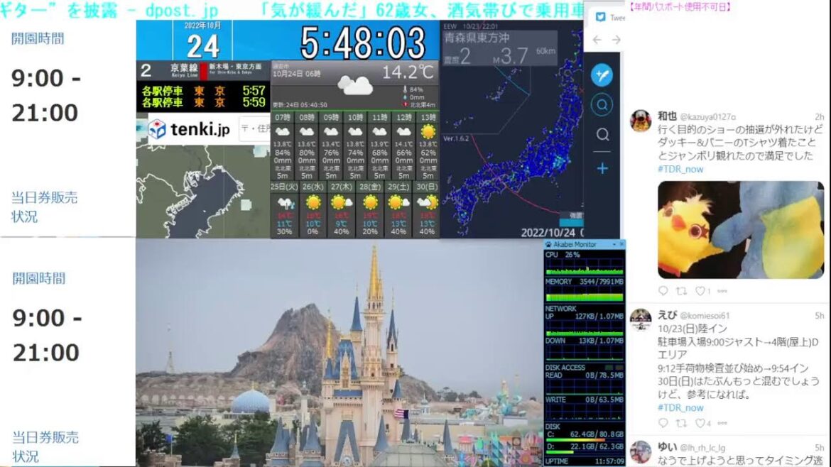 【 ディズニーライブカメラ  DisneyLiveCam 】 ディズニー・ライト・ザ・ナイト ライナイ 花火 舞浜 浦安 天気 地震 鉄道 飛行機 現地情報 ディズニーランド ディズニーシー