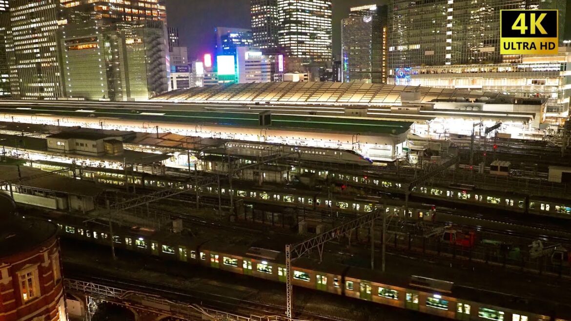 【夜景と都会の音】東京駅の夜景と電車の音 2時間 4k映像 定点カメラ