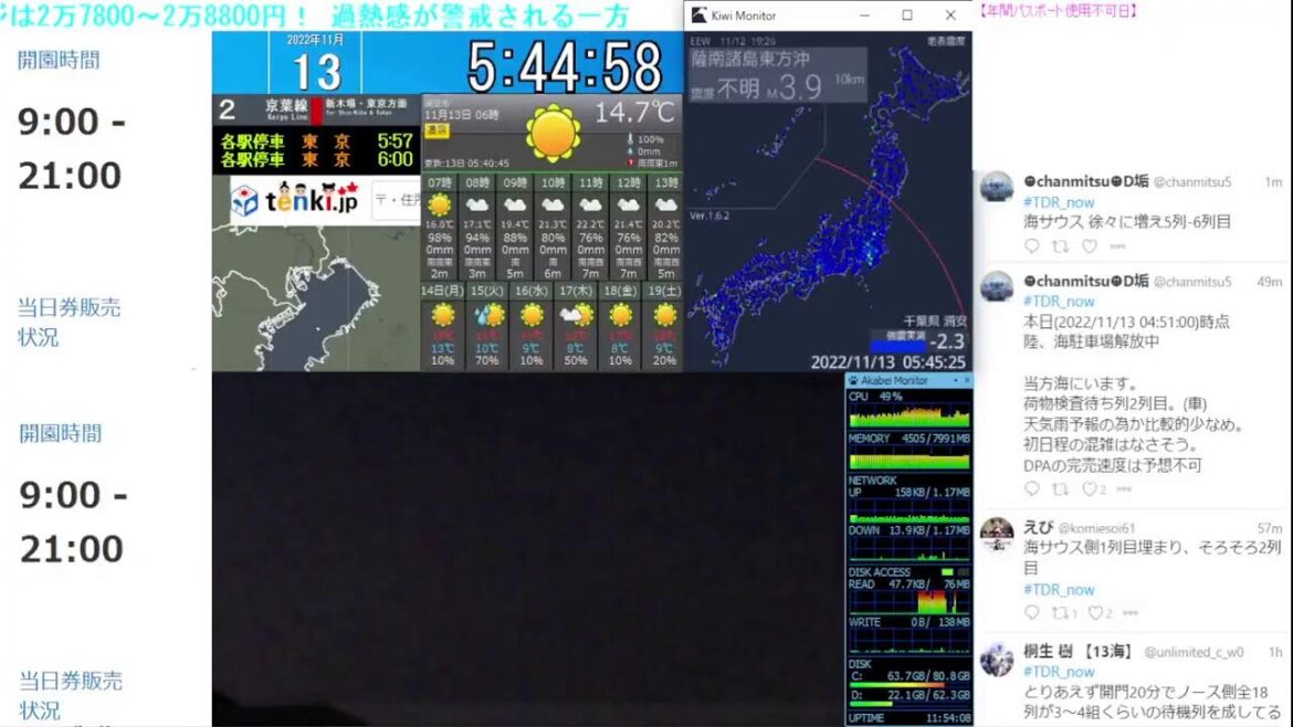 【 ディズニーライブカメラ  DisneyLiveCam 】 ディズニー・ライト・ザ・ナイト ライナイ 花火 舞浜 浦安 天気 地震 鉄道 飛行機 現地情報 ディズニーランド ディズニーシー