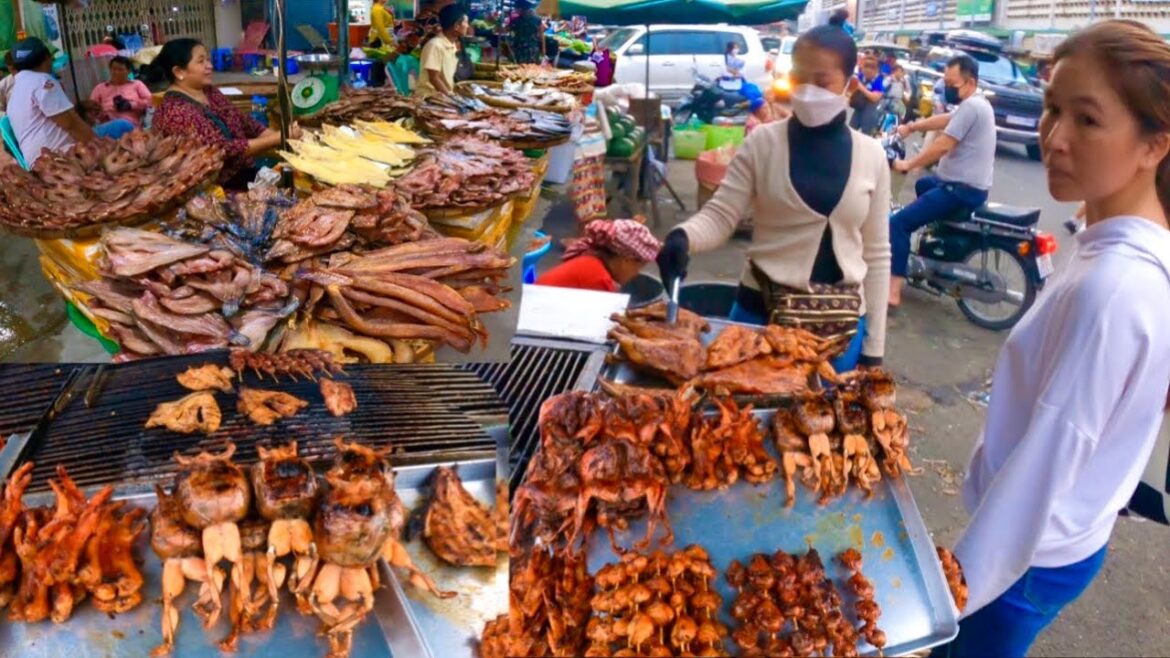 Cambodian street food, Delicious Grilled Frog, Fish, Meat, Chicken @ Olympic Market in Phnom Penh Cambodian street food, Delicious Grilled Frog, Fish, Meat, Chicken @ Olympic Market in Phnom Penh