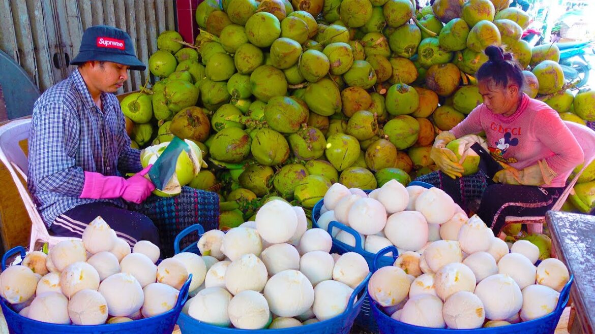 Best for Coconut Lovers! Amazing Teamwork Cutting & Polishing Coconut | Cambodian Street Food