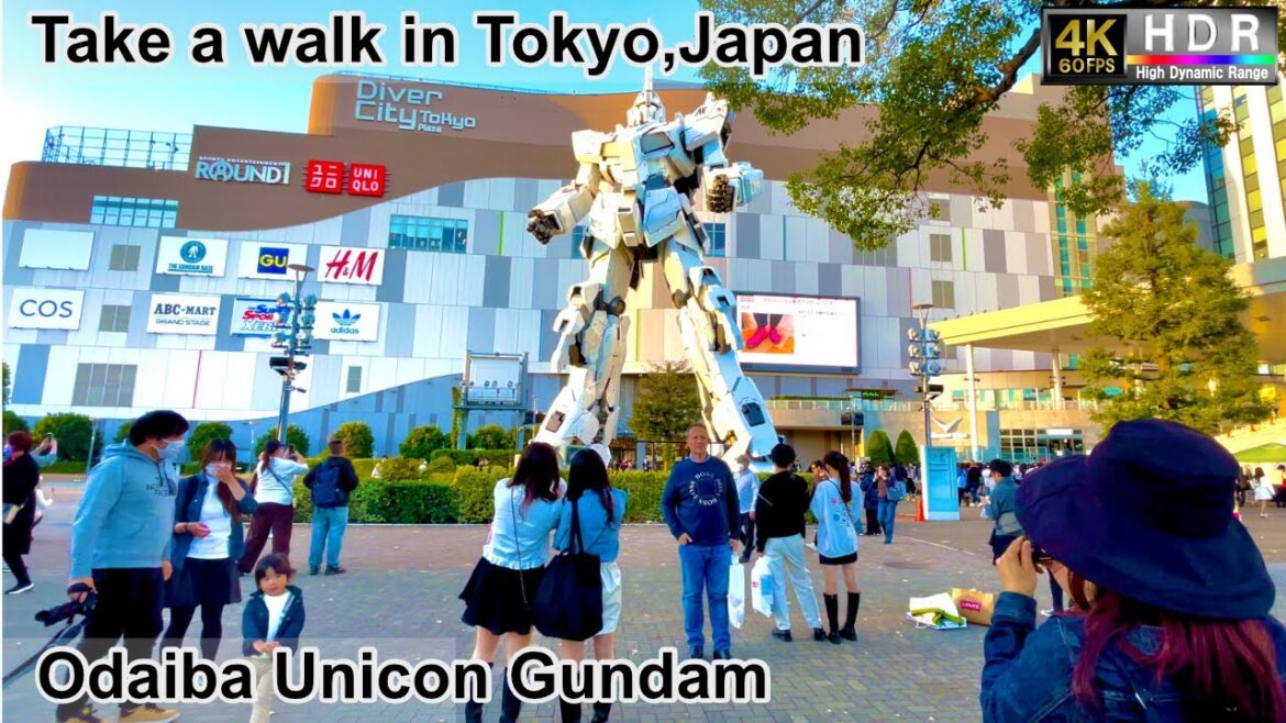 4K 60fps HDR// Take a walk in Tokyo, Japan, Aqua city→Full Size Unicorn Gundam Statue→Daiba Station