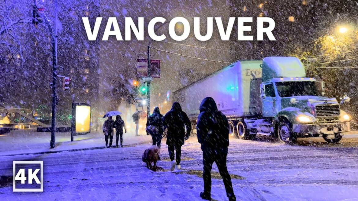 【4K】A 2-Hour Night Walk in Heavy Snow and Wind in Downtown Vancouver | Canada (Sounds Of Snowfall)