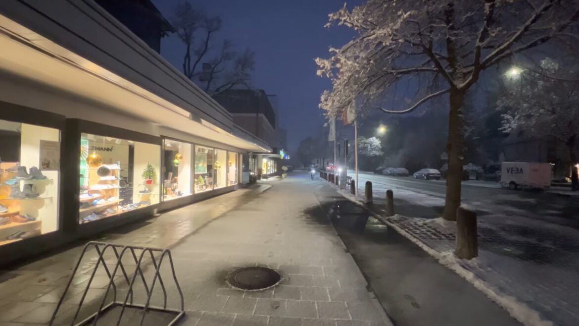 Munich Unterhaching Winter 2022 Snow Walk at Night - 4K HDR