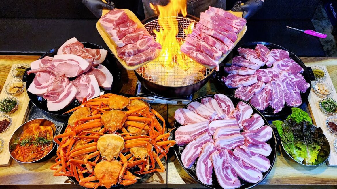 왕겨 훈연 삼겹살, 솥뚜껑 오겹살, 뼈등심, 속초 대게까지 한번에 먹는 역대급 고깃집, Amazing Korean BBQ master, Grilled pork belly, crab