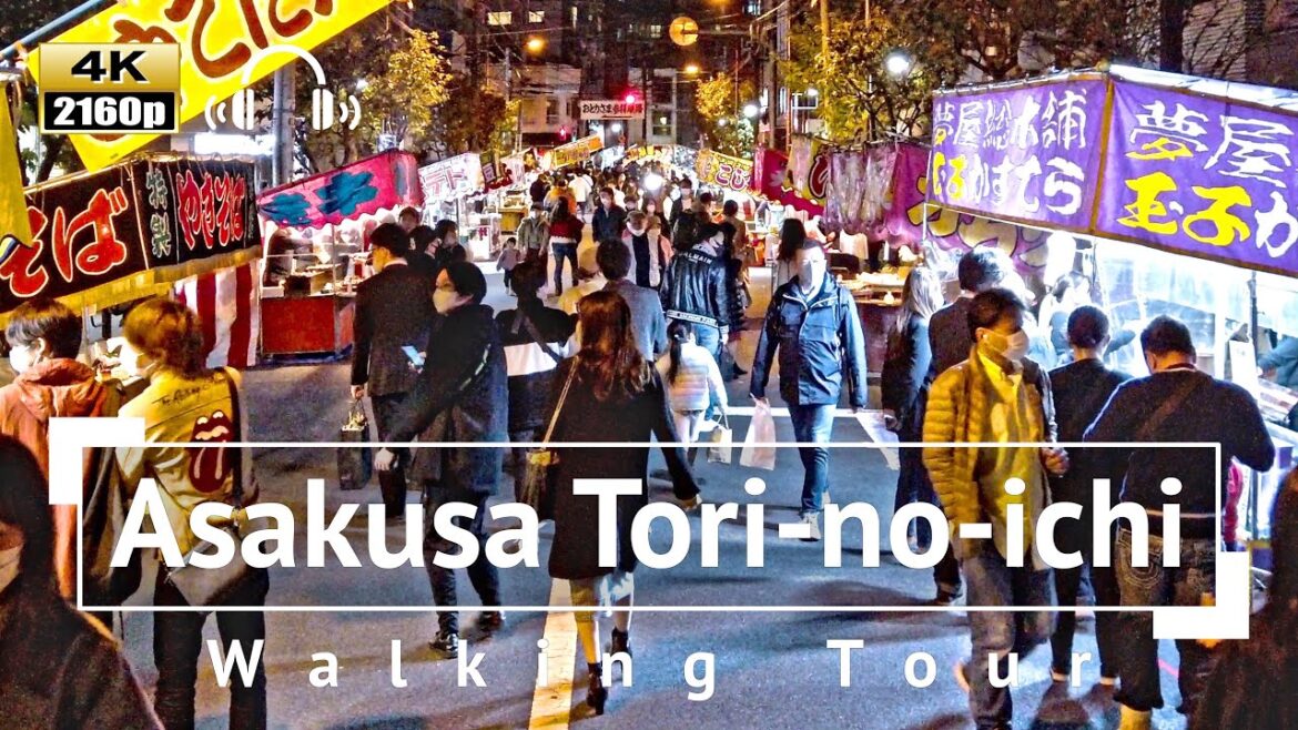 [4K/Binaural Audio] Food Stalls & Asakusa Tori-no-ichi Walking Tour - Tokyo Japan