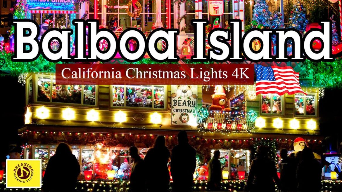 Balboa Island, Newport Beach, California - Christmas Lights and Decorations Night Walking Tour 4K