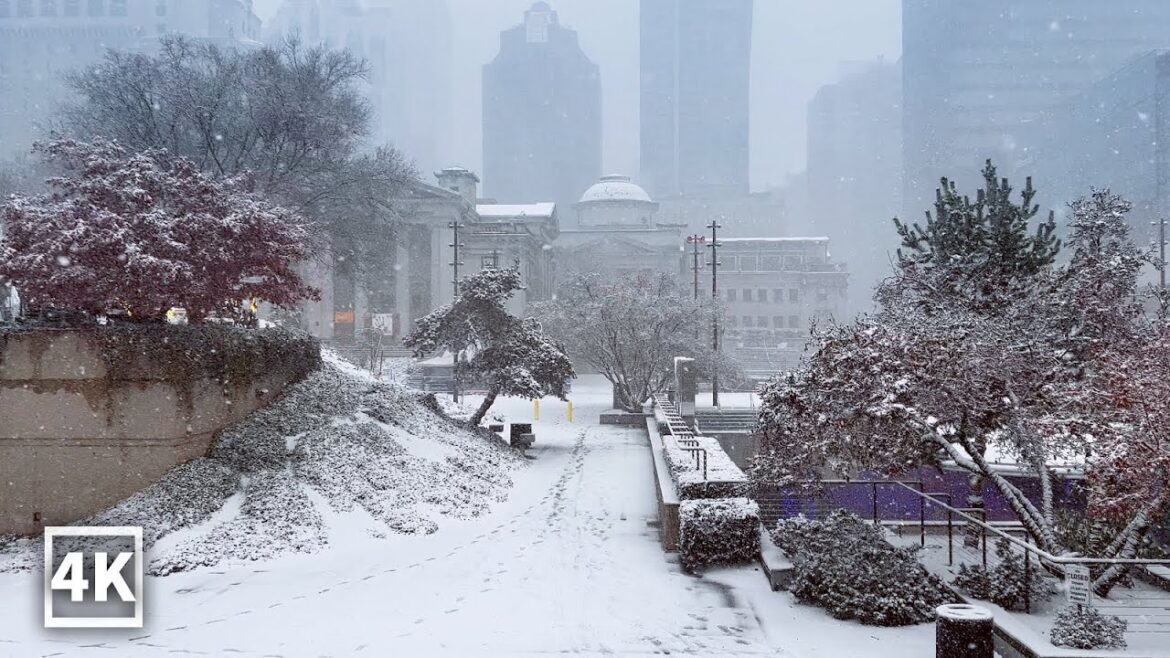 【4K】Downtown Vancouver Walk in Heavy Snow | White Christmas | Canada (Relaxing Sounds Of Snowfall)