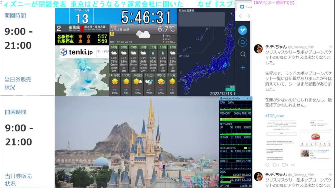 【 ディズニーライブカメラ  DisneyLiveCam 】 ディズニー・ライト・ザ・ナイト ライナイ 花火 舞浜 浦安 天気 地震 鉄道 飛行機 現地情報 ディズニーランド ディズニーシー